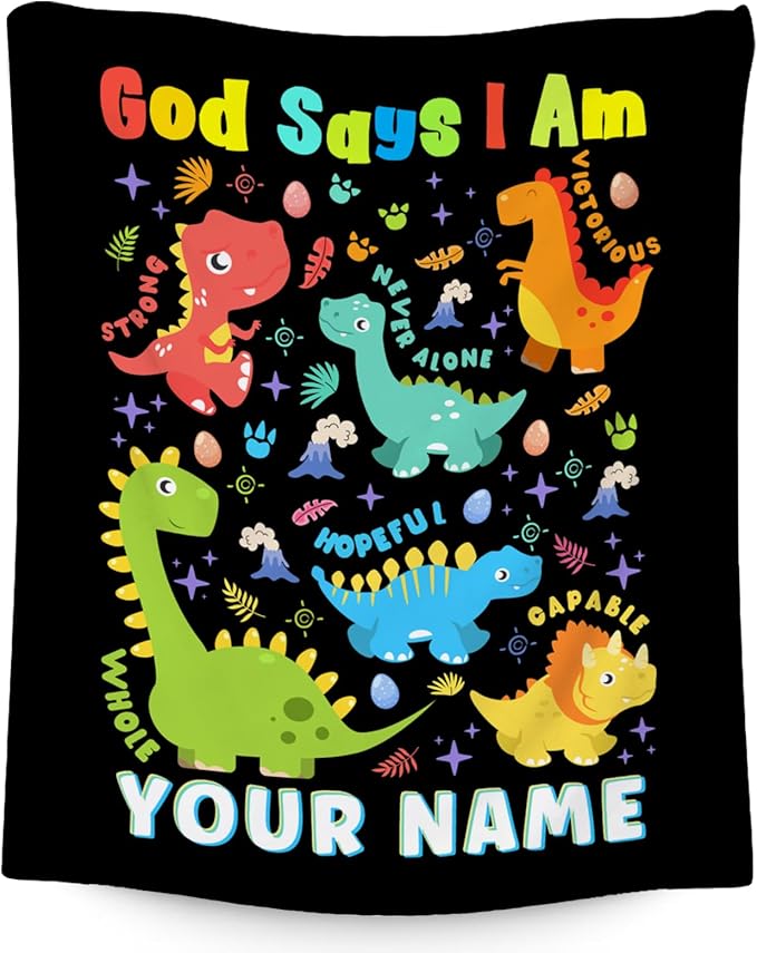 Custom Dinosaur Blanket, Cozy Soft Throw Gifts for Boys, 40x50 Inch Cute Flannel Blanket for Dinosaur Lovers, God Says I Am Throw Blankets for Couch Sofa