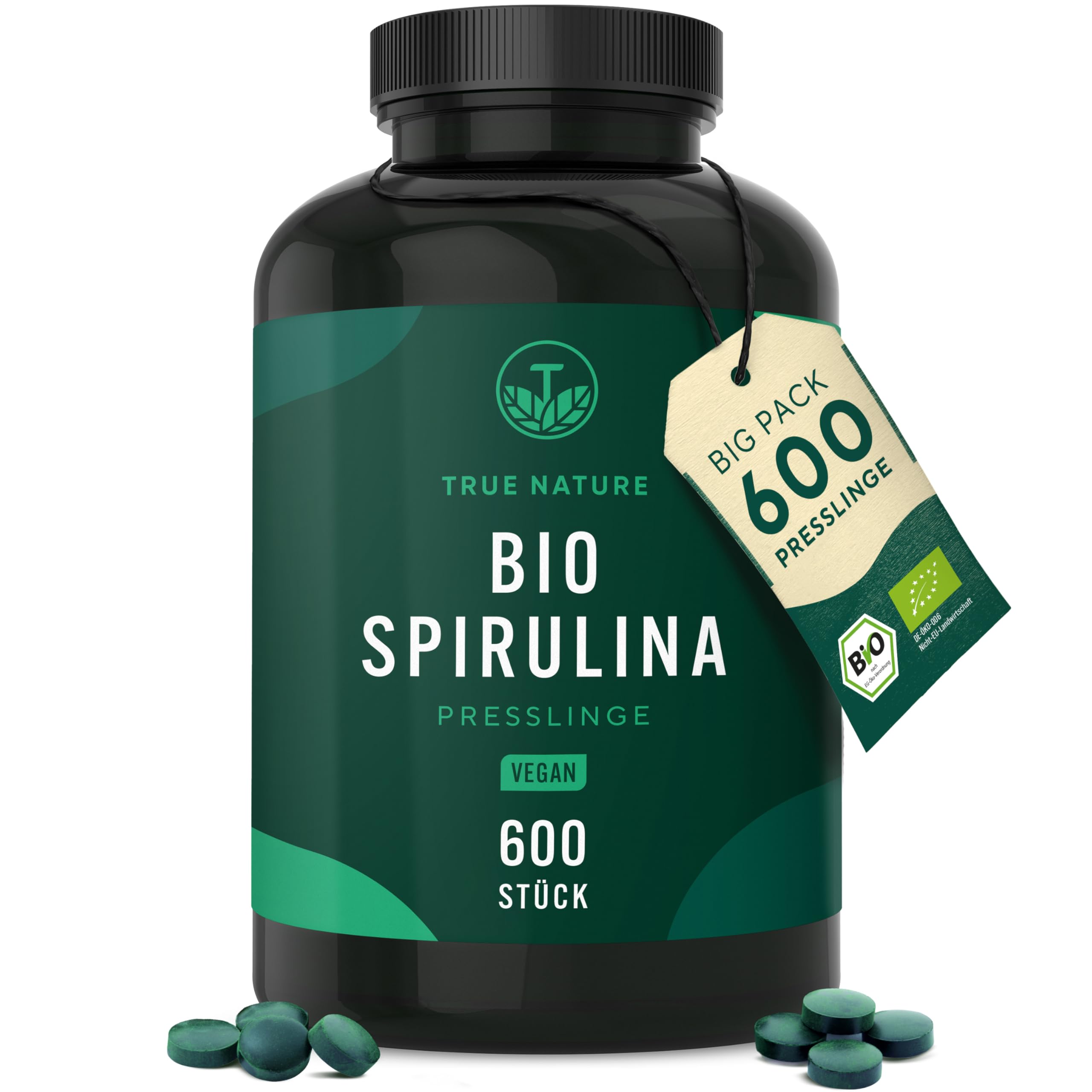 Bio Spirulina Presslinge – 600 Tabletten (500 mg) – 4.000mg hochdosiert – Bio-Algen aus kontrolliert biologischem Anbau – Vegan – TRUE NATURE®
