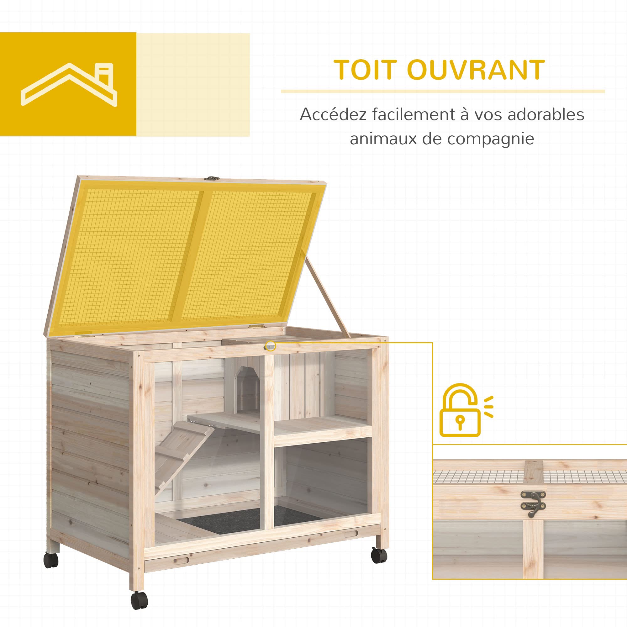 PawHut Cage à Lapin clapier sur roulettes Petit enclos Animaux en Bois Massif 2 étages Toit ouvrant Plates-Formes 91,5 x 53,3 x 73 cm Bois Naturel