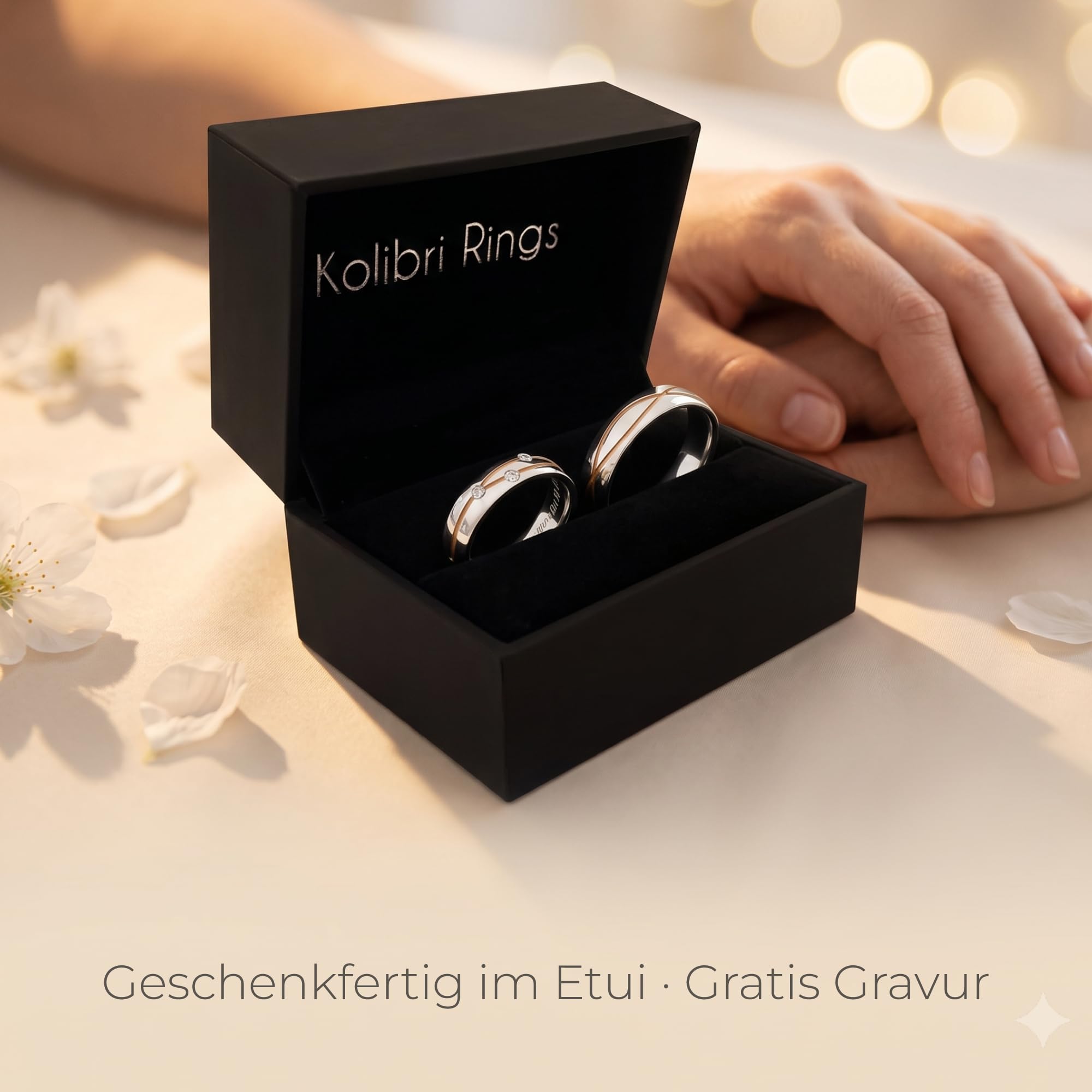 Kolibri Rings Eheringe Set 925 Silber Rot Vergoldet 4 Zirkonia Steine | Wellenförmige Glanzfuge Made in Germany | Partnerringe, Trauringe Paarpreis mit Gratis Gravur & Etui