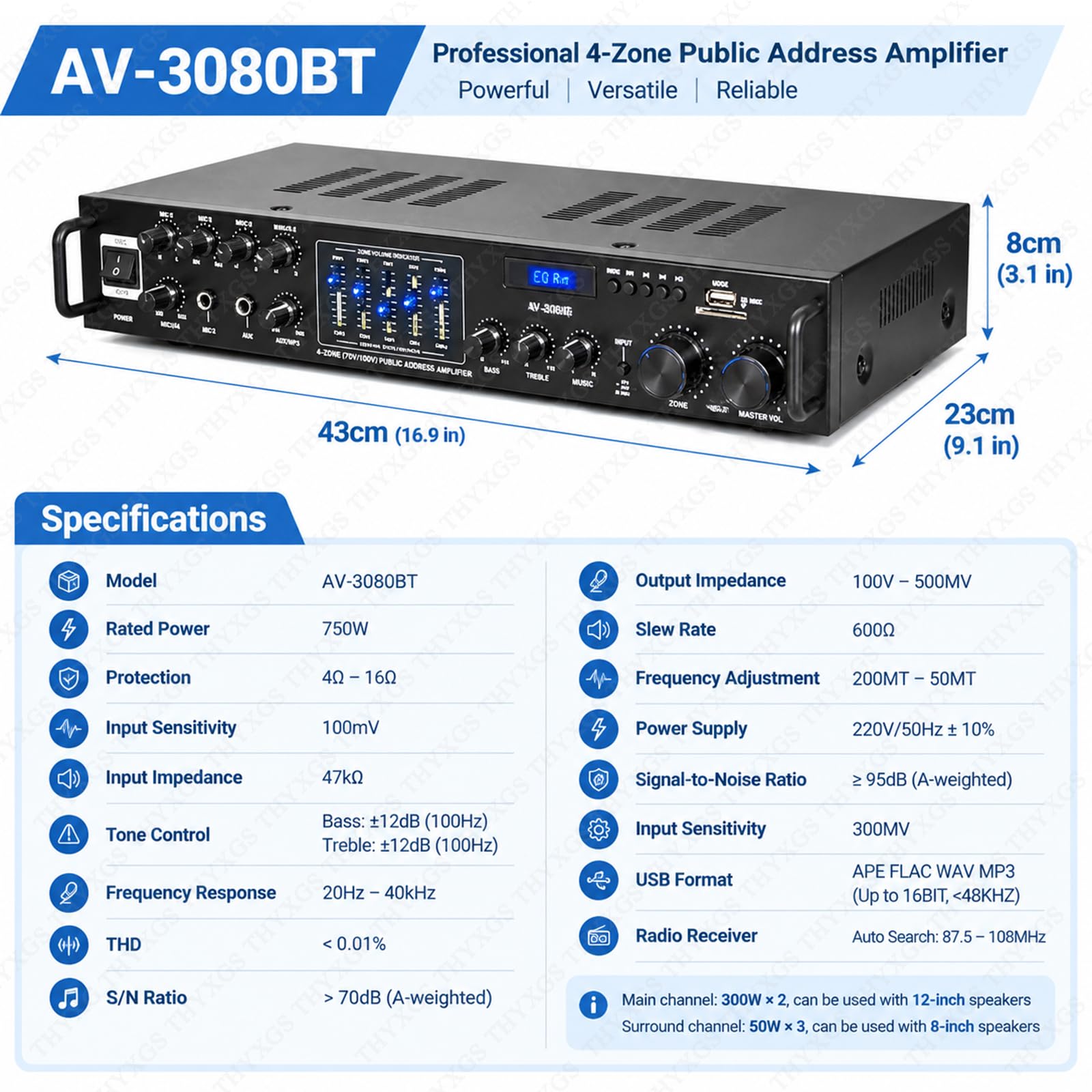 Amplificateur Bluetooth 6.0, Son Surround 5 Canaux | Décodage Optique/coaxial | Réglage Indépendant Des Tonalités (aigus/médiums/graves) | Processeur Audio Professionnel Intégré