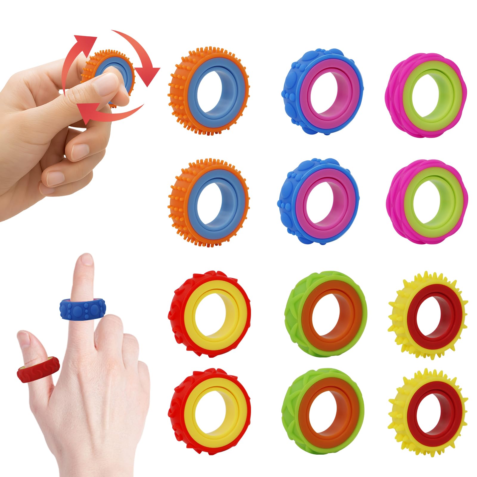 Sensoryczny Pierścień Fidget dla Dzieci i Dorosłych - Pierścień Antystresowy łagodzący lęk i Wspomagający ADHD. Zabawka Sensoryczna Pomoc z Autyzmem, Idealna do Szkoły i Biura, 12 Sztuk