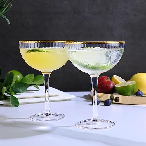 Miniatura 5 de Royalrose Vasos cupé estriados de alta calidad, borde dorado vintage de 11 onzas, vidrio fino soplado a mano, elegante utensilios de bar para