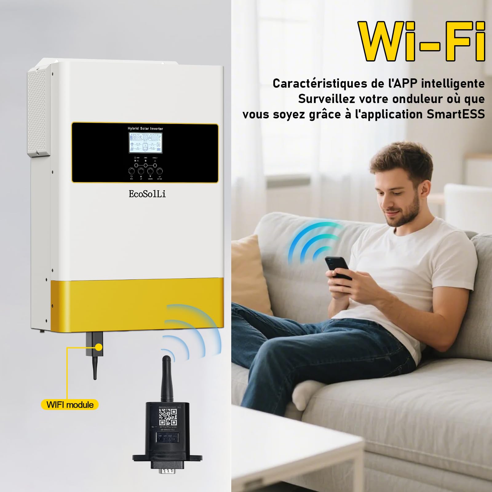 Onduleur Hybride 6200W 48V - Pur Sinus MPPT Hybride 120A 230V, Fonctionne sans Batterie, Fonction parallèle, Chargeur Solaire Off-Grid avec Régulateur de Charge 60-500V DC, Compatible Module WiFi