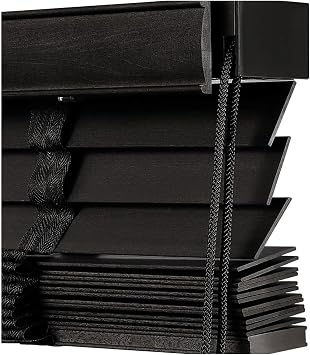Wood Blinds for Indoor Windows, Faux Wooden Venetian Blinds 2" Slats Custom, 16" 24" 28" 36" 48" 52" Horizontal Window Blind, Blackout Privacy Shades Cordless for Office Bedroom BathroomBlack