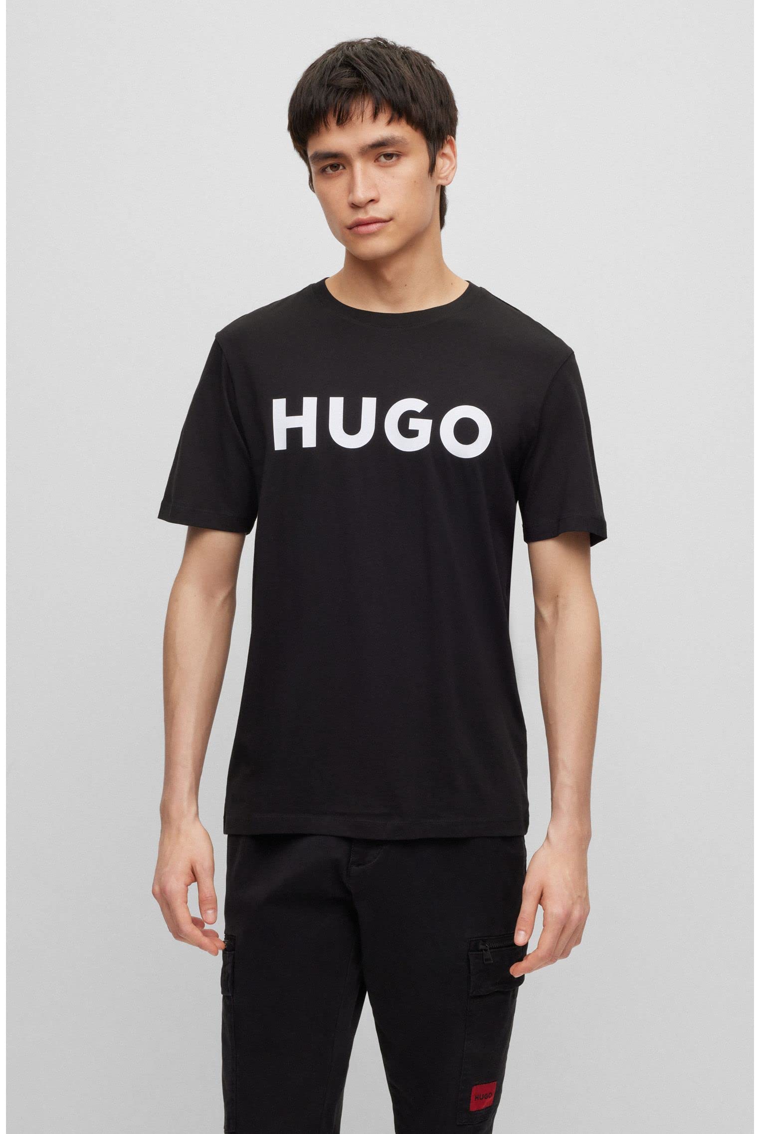 HUGO Męski T-shirt Dulivio Regular -Fit z bawełnianego dżerseju z kontrastowym logo, Schwarz002, L