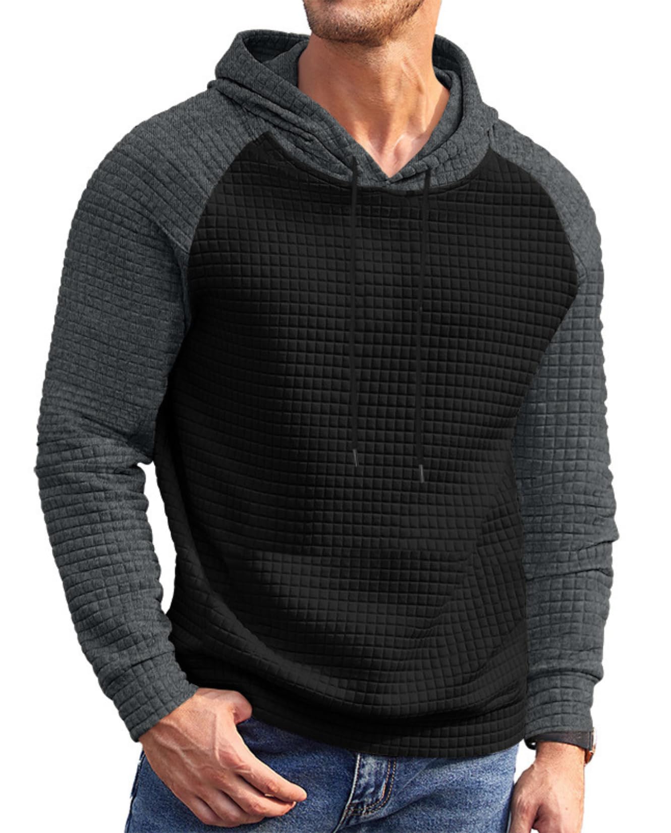 Men's Two-Tone Waffle Sweatshirt Hooded Casual Pullover with Vintage Style for Fall Winter Vacation Wear Style D Small