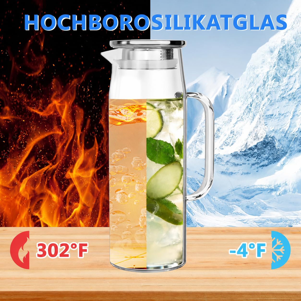 3er Set 1,5 L Wasserkaraffen, Glaskaraffe mit Deckel, Filter & Bürsten | Karaffe aus Glas für Wasser, Infused Water, Eistee und Saft – vielseitiger Wasserkrug für Küche, Esstisch, Büro und Feiern