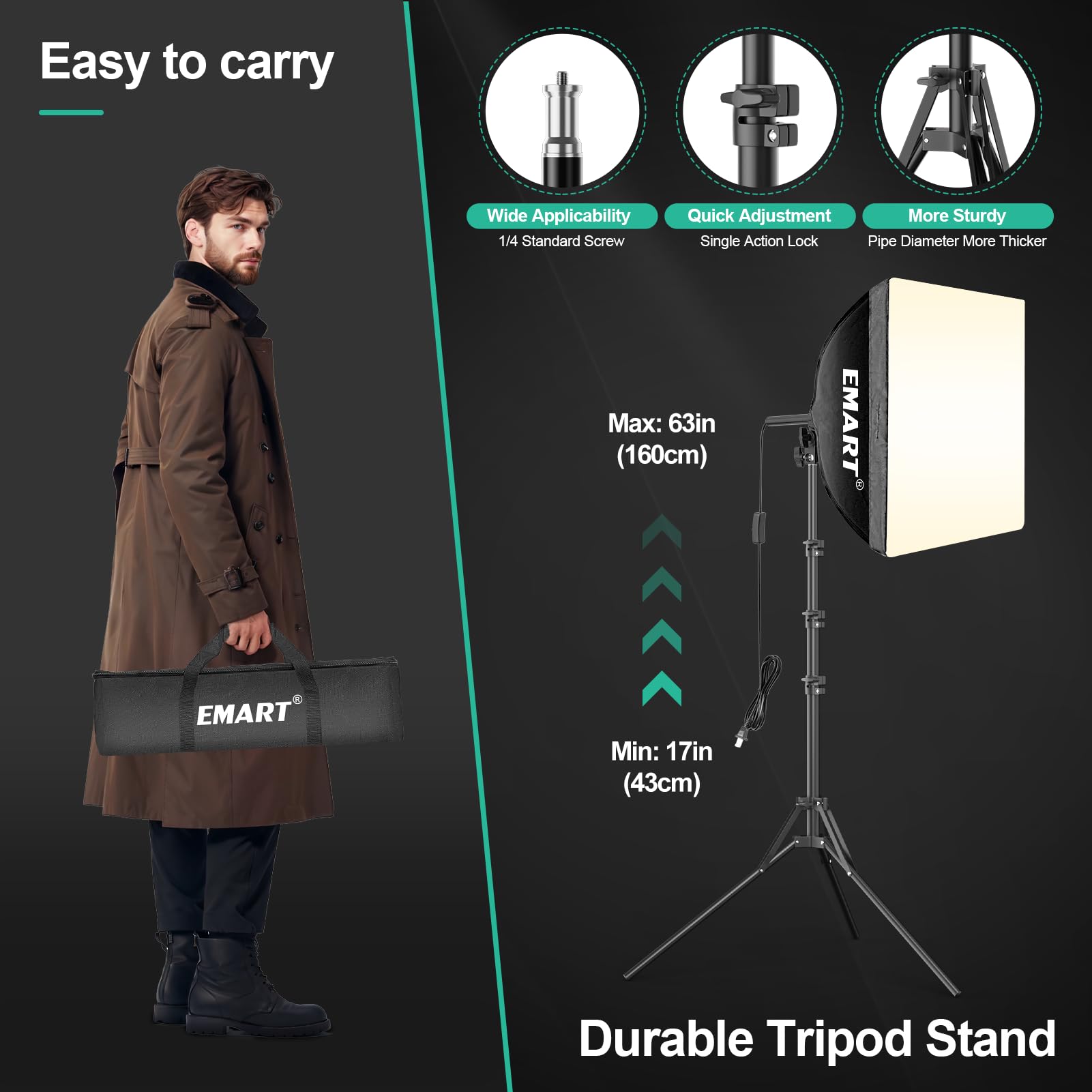 EMART Softbox 40 x 40 cm, Studio Photo Oświetlenie LED 50 W, 3000-6000K, 2 szt | Składane pudełko na światło, stojak 160 cm, wideo, fotografia, portrety, studio