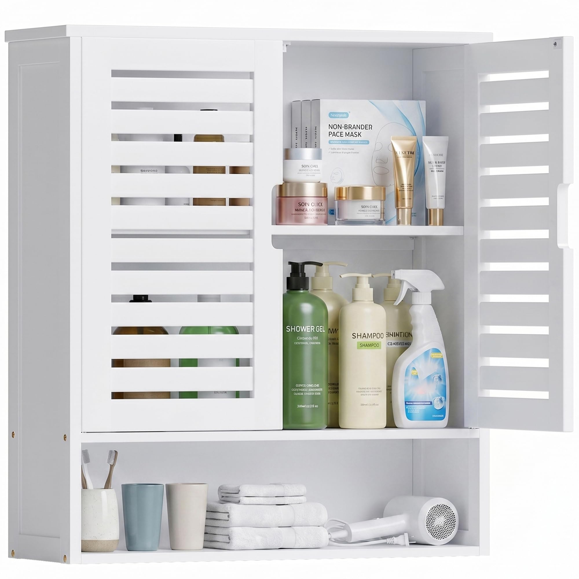 SMIBUY Armadietto da bagno montato a parete, organizzatore di stoccaggio sopra il water in bambù, armadietto medico salvaspazio con 2 porte e ripiani regolabili (Bianco)