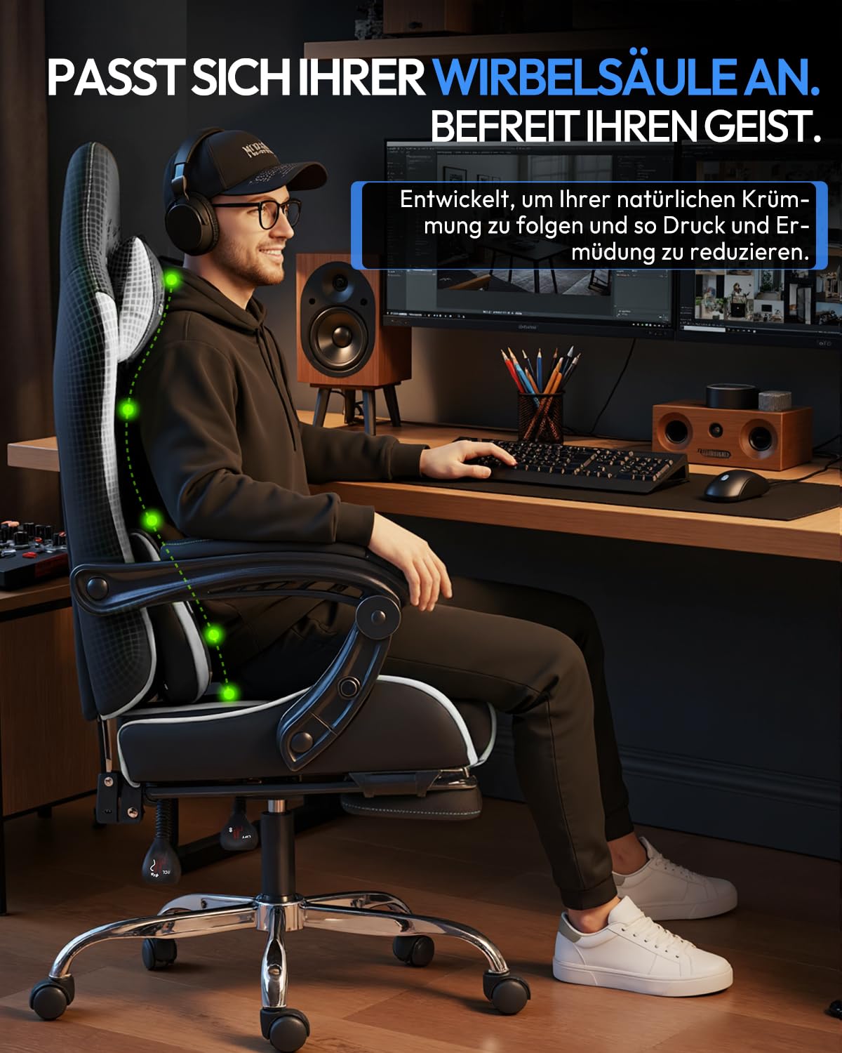 Dowinx sedia da gaming ergonomica con massaggio e poggiapiedi, poltrona gaming reclinabile 150°, braccioli regolabili, sedia ufficio imbottita, portata 180 kg, Bianco