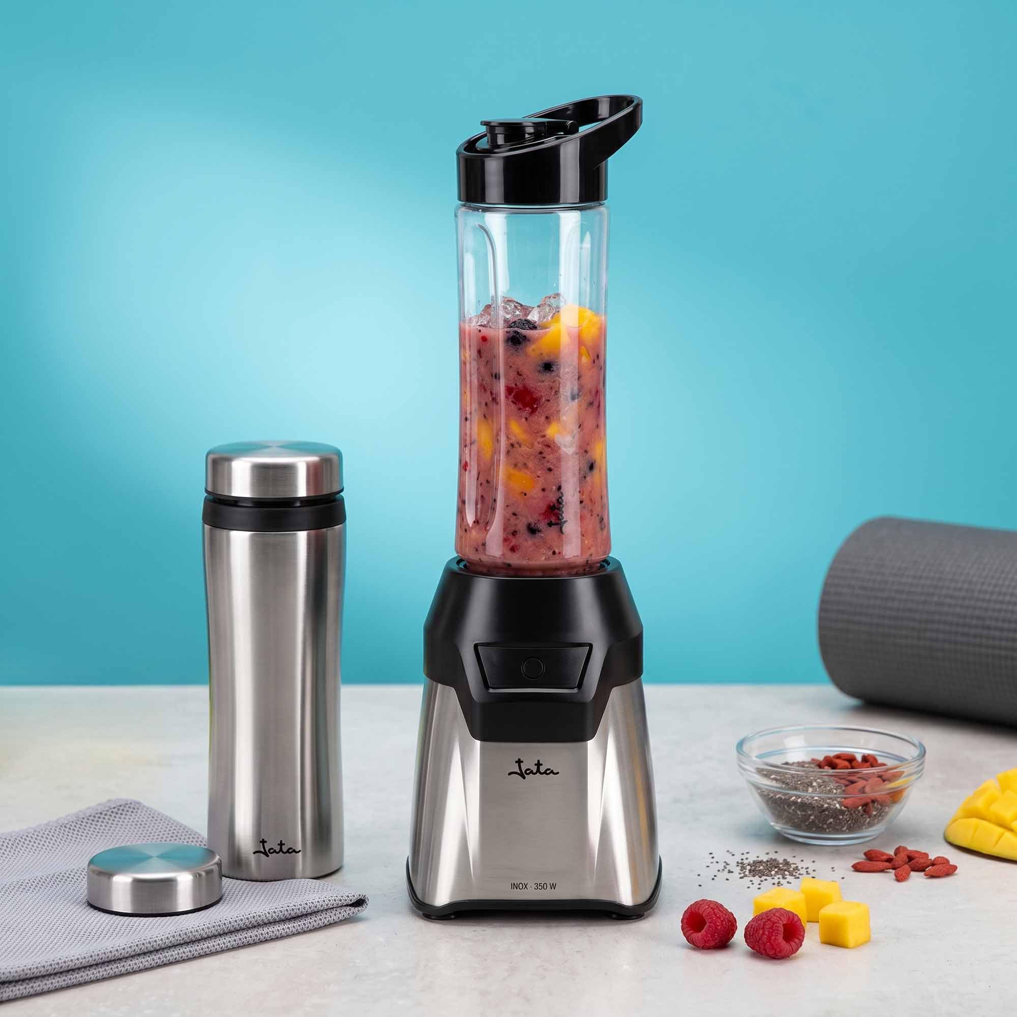 JATA JEBT1011 - Batidora de Vaso Individual 350 W, con 2 Botellas: Botella Deportiva Tritan 600 ml y Botella Termo Inox 435 ml, 4 Cuchillas Extraíbles, para Smoothies y Batidos, sin BPA