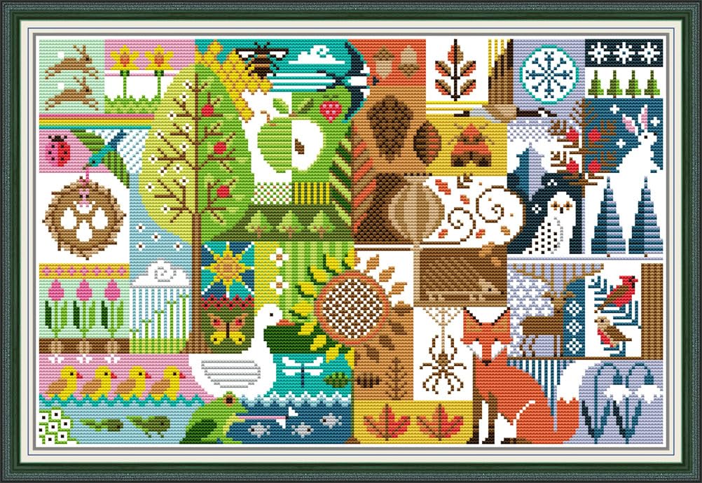 Meecaa Cross Stitch Kits 14 Count Stamped, Tree Bird Animal Building Fox Seasons Embroidery Kit with Accessories Pre Printed (Four Seasons)