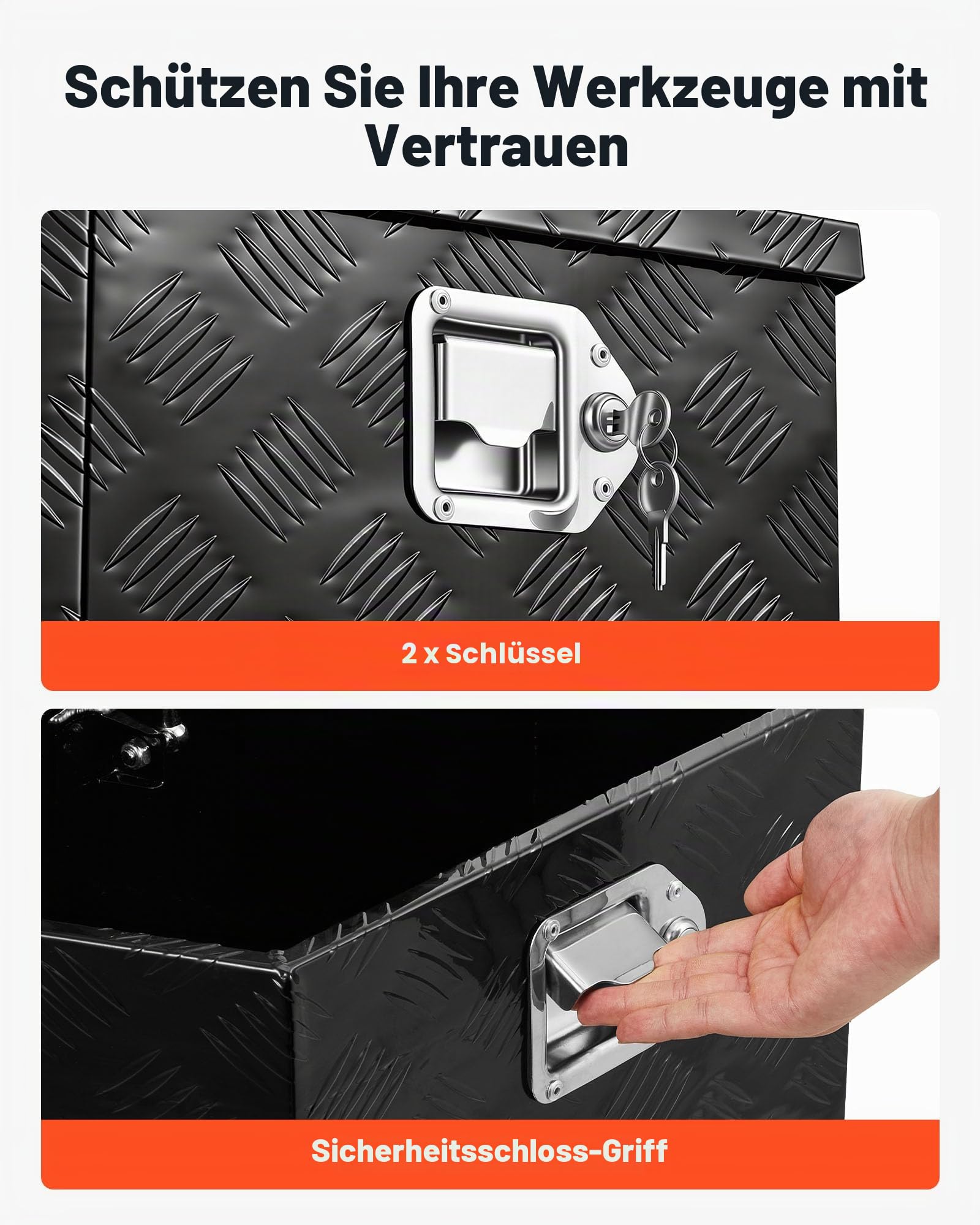 VEVOR Deichselbox Truckbox 660 x 330 x 305 mm aus Aluminium, 50 kg Belastbare Werkzeugaufbewahrungsbox mit Schloss & Schlüsseln, Anhängerbox für Pickup-Ladeflächen RV SUVs Geländewagen, Schwarz