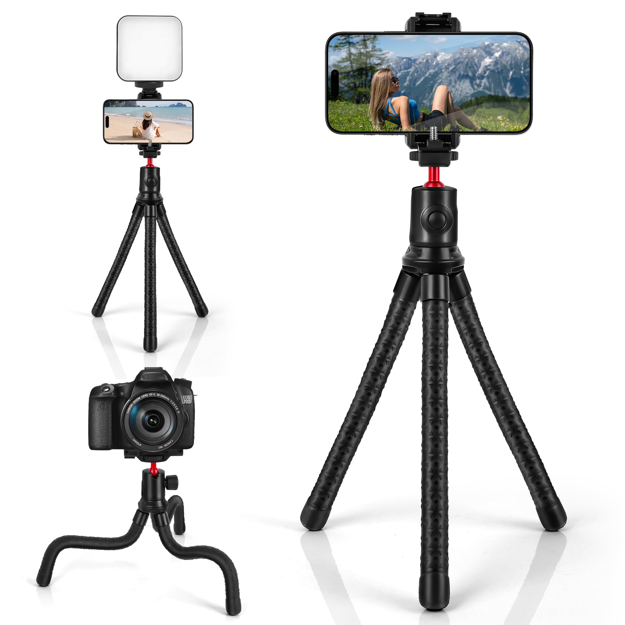 Zeadio Flexible Camera Tripod, with Hidden Phone Holder & 360°Ball Head Mount for Camera, Cell Phone, Action Camera etc - Portable Small Tripod Vlog