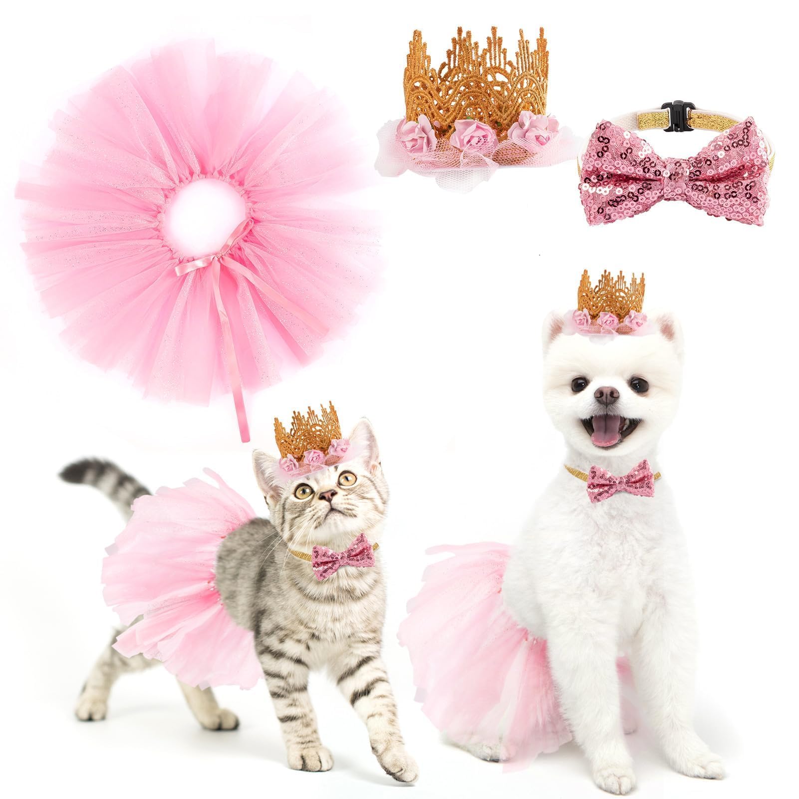BINGPET Doggy Tutu Skirt Dog Cat Birthday Party Supplies,Cat Dogs Wedding Dresses with Bowtie and Dog Party Hats Princess Crown Hat Set,Sweet Gift for