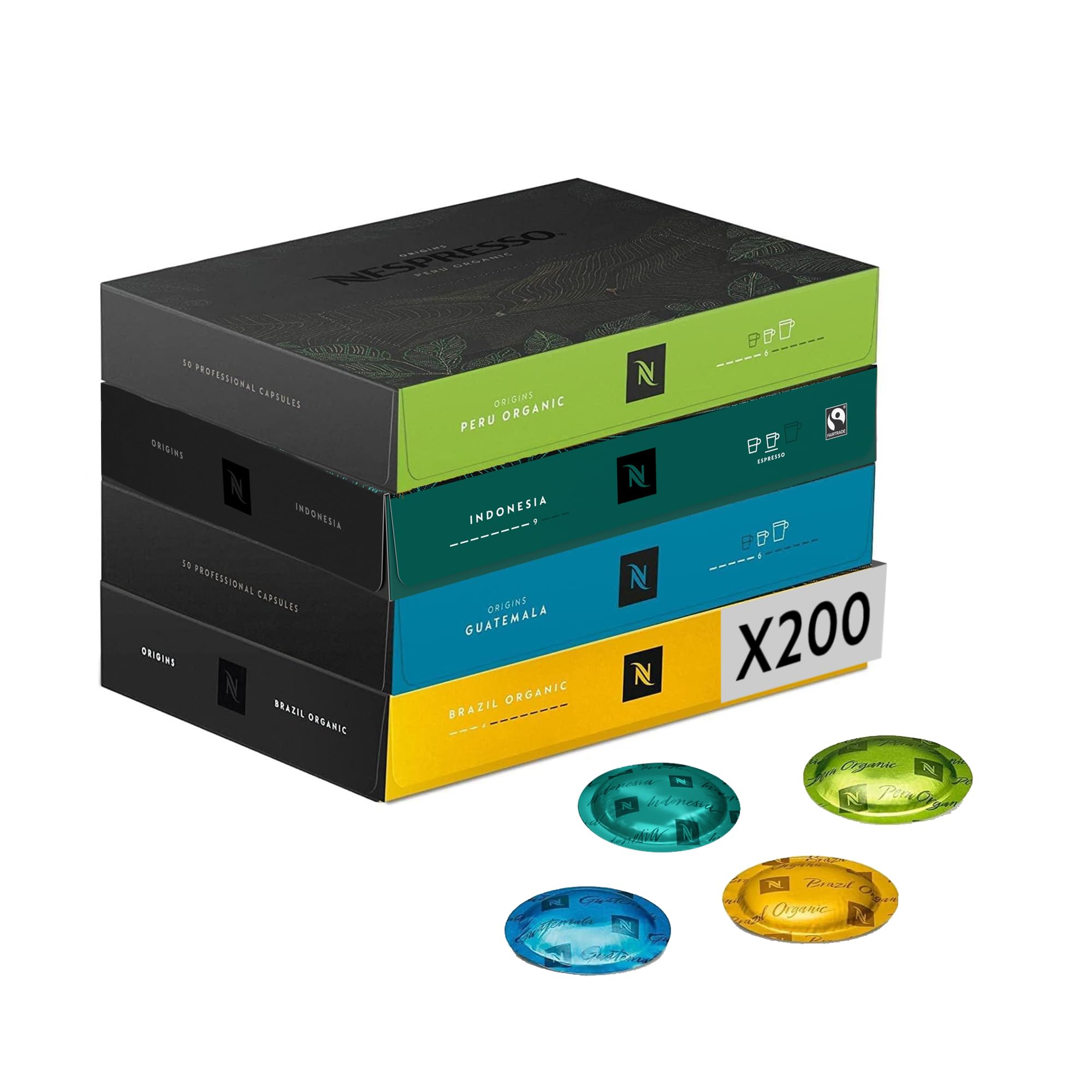 Nespresso Professionnel - Bundle 200 Capsules cafés - Single ORIGINS : 50x Peru / 50x Indonesia / 5Ox Guatemala / 50x Brazil - Adapté aux professionnels