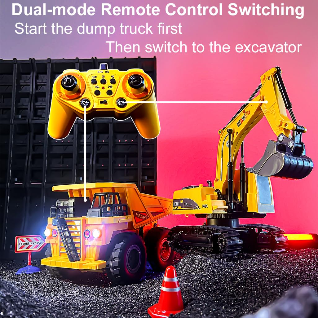 Excavadora RC y camión volquete de juguete para niños, 2.4Ghz 11 canales control remoto vehículo de construcción con luz, sonido, música y demostración automática, regalos de cumpleaños de Navidad 2