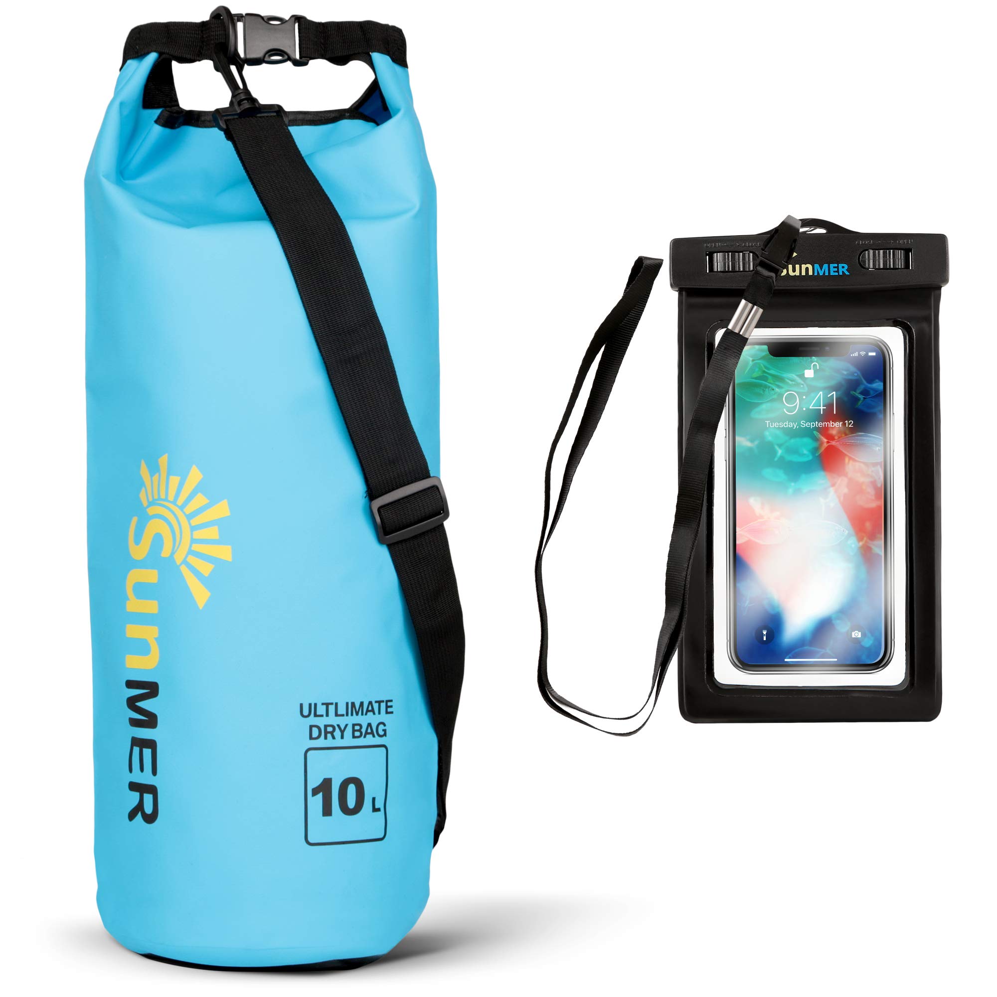 SUNMER 10L Blue Waterproof Dry Bag With Waterproof Phone Case – IPX8 Rating Weather, Land or Sea - Great For Hiking, Fishing, Rafting, Kayaking, Swimming & Much More