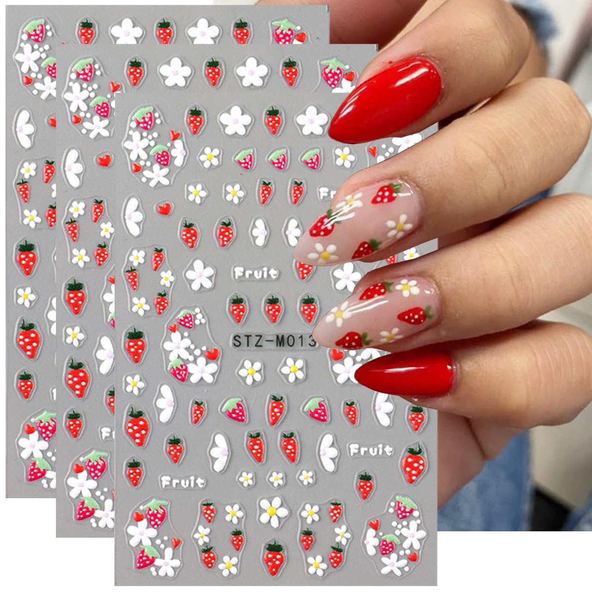 Summer Strawberry Nail Art Stickers Decals 5D Strawberry Flower Nail Stickers 3PCS Self-Adhesive Fruit Flower Nails Design Summer Nail Art Supplies