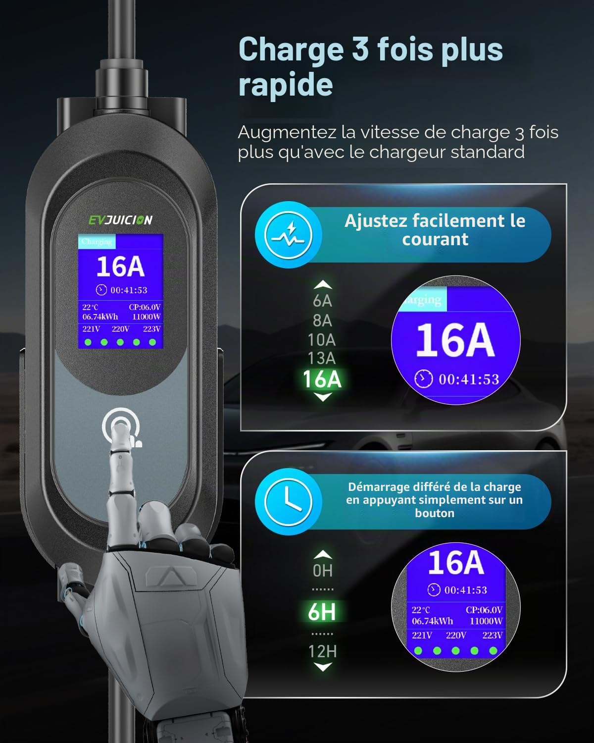 EVJUICION Wallbox Mobile 11 kW 8 m [3 phases 6A-16 A IP67] Câble de charge type 2 11 kW CEE 16 A vers type 2, chargeur EV avec écran LCD 2,4" et support de câble, station de charge mobile, charge