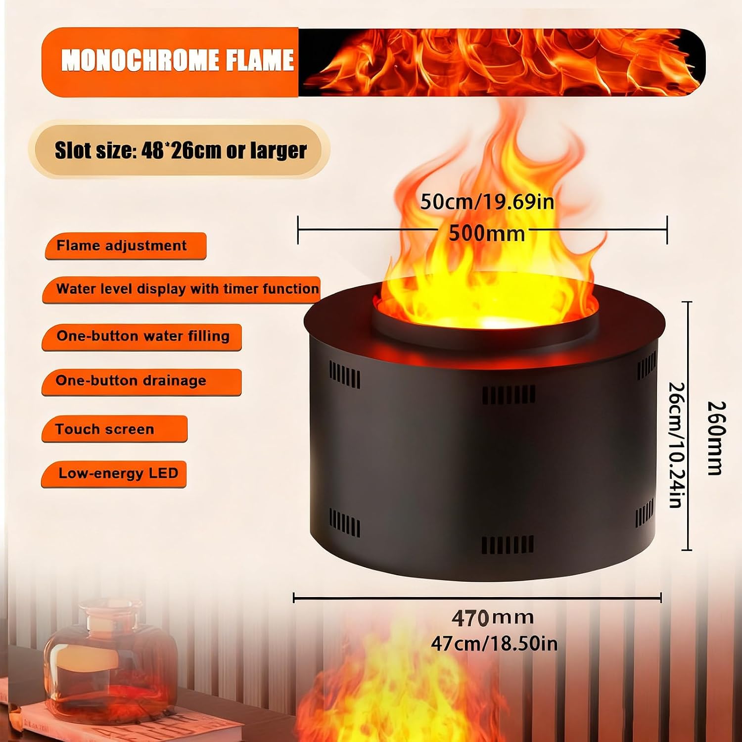 3d Water Vapor Fireplace & Humidifier With Realistic Flame - Recessed Electric Fireplace Insert, Remote And Touch Control,Adjustable Flame Height And Mist Output, For Living Room 50cm/19.6in