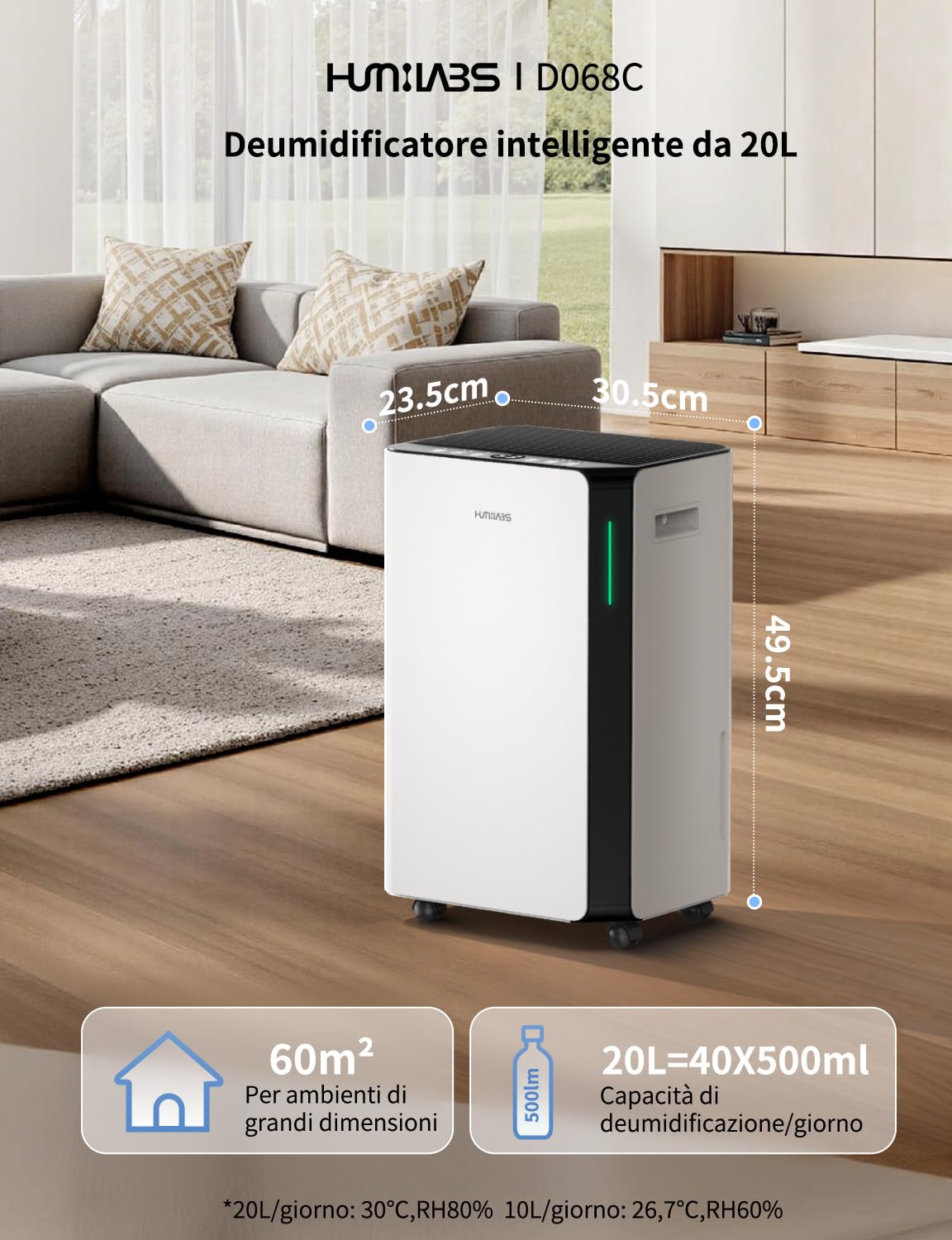 HUMILABS Deumidificatore elettrico, 20 l, per ambienti di 60 m²/app e WiFi, con tubo di scarico, serbatoio dell'acqua da 4,5 l, 3 modalità di funzionamento, timer da 24 ore