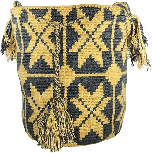 Bolso Wayuu hecho a mano colombiano con diseño de camello y multicolor, Gris Amarillo, Bolso hecho a mano Wayuu