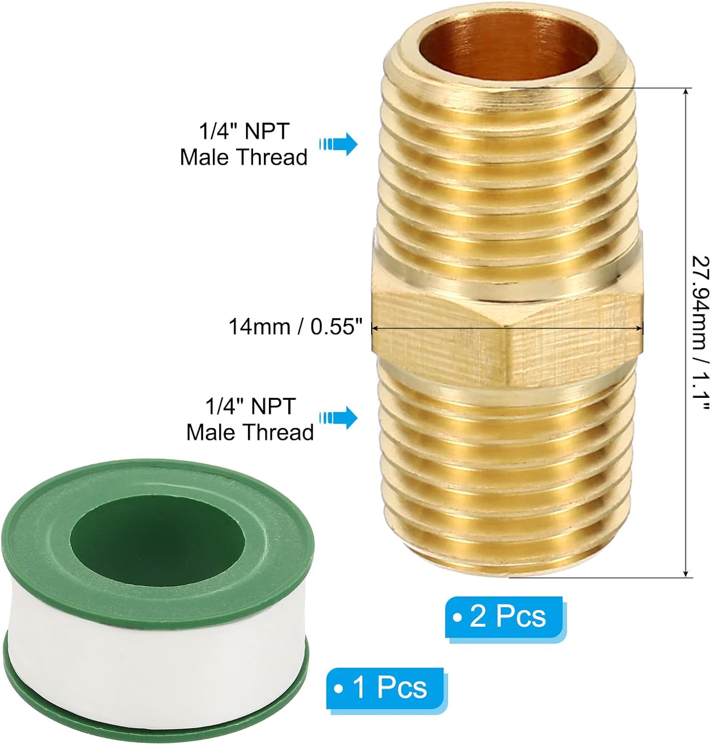 PATIKIL Brass Pipe Fittings Coupler Set, 2Pcs 1/4" x 1/4" NPT Male Thread Brass Hex Nipple Coupling Reducer Adapter Tubing Connector Adaptor with PTFE Tape for Water, Air, Oil, Gas Line