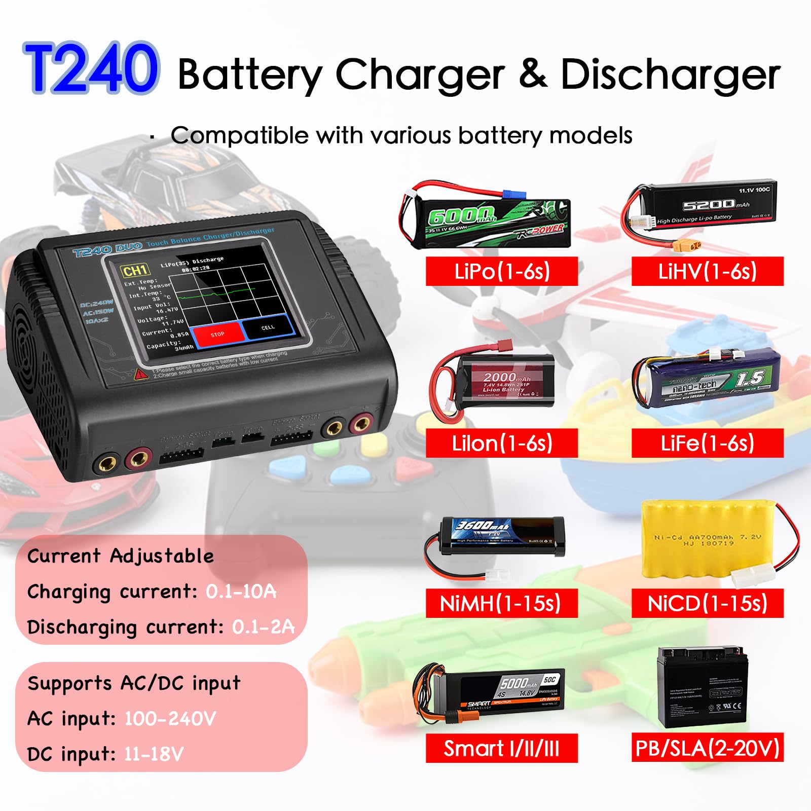 Cargador de batería T240 para LiPo/LiHV/LiFe/NiMH/NiCd, pantalla táctil grande de 3.2 pulgadas y doble puerto disponible, entrada CA/CC y corriente ajustable de 0.1-10 A