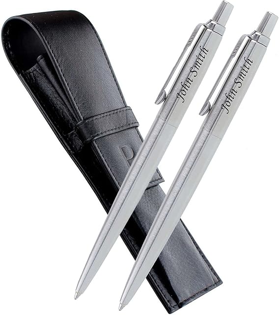Laser Engraved Personalised Set 2 x Ballpoint Pens PARKER Jotter Silver and Genuine Leather Pen Case Pouch  with Your Text