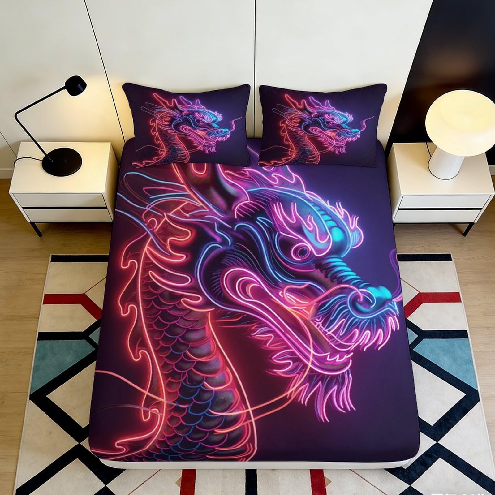 Pnayamiorkfel Style-4 3D Printed Neon Dragon Fitted Sheet Microfiber Anti-Slip Bed Cover For Bedroom Dorm Mattress Protection Decor 90X200x25cm