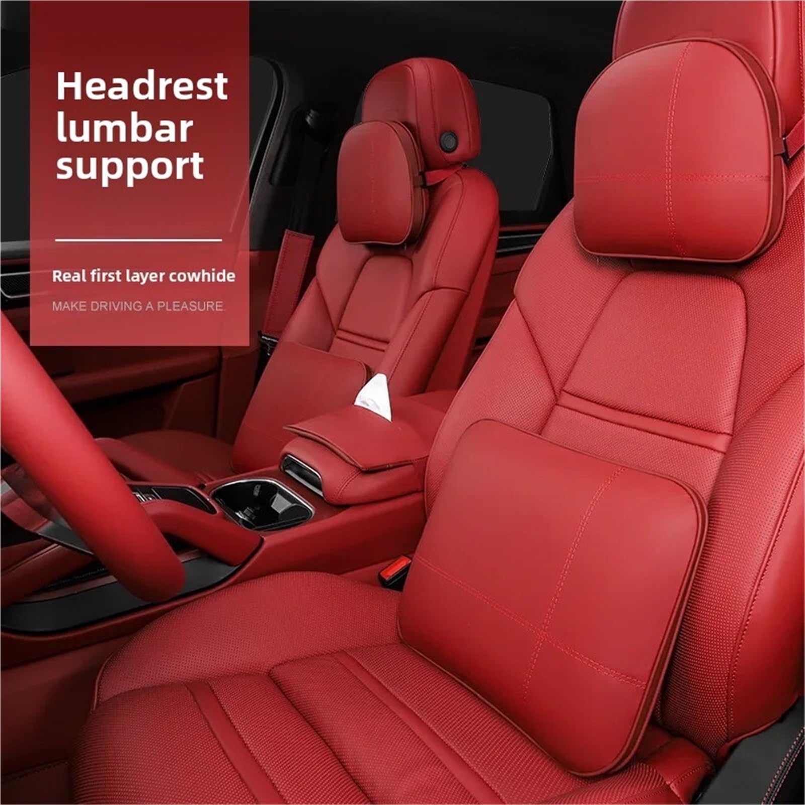 XYAOJUTU Auto Kopfstütze Doppelseitiges Nackenkissen aus echtem Leder für das Auto, Sitzkissen, Schulter, Ganzjahres-Universal-Fahrzeugkissen Kopfstütze Für Autositz(Headrest-Bordeaux red)