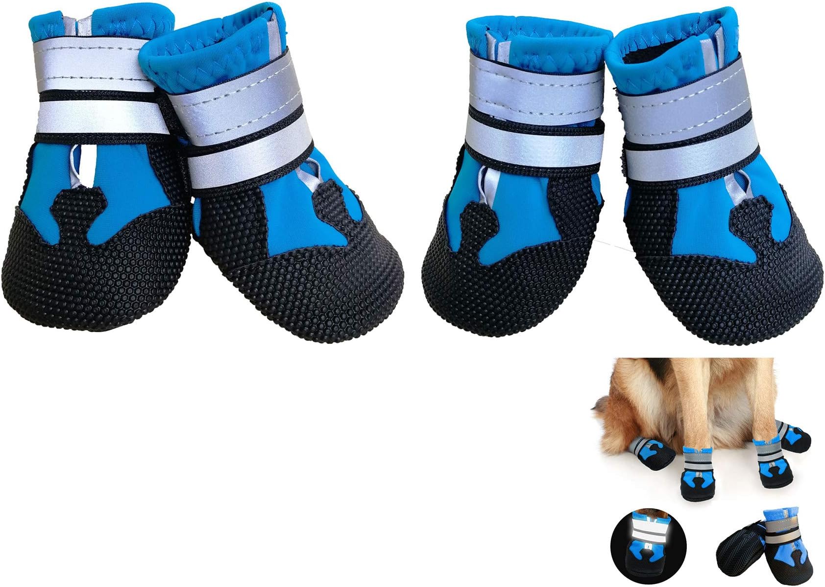 Dog Shoes Protective Dog Boots Set of 4 Waterproof Dog Shoes with Safe Reflective Straps, Rugged Anti-Slip Sole and Skid-Proof Outdoor Paw Protectors for Small, Medium and Large Dogs (XXL, Blue)