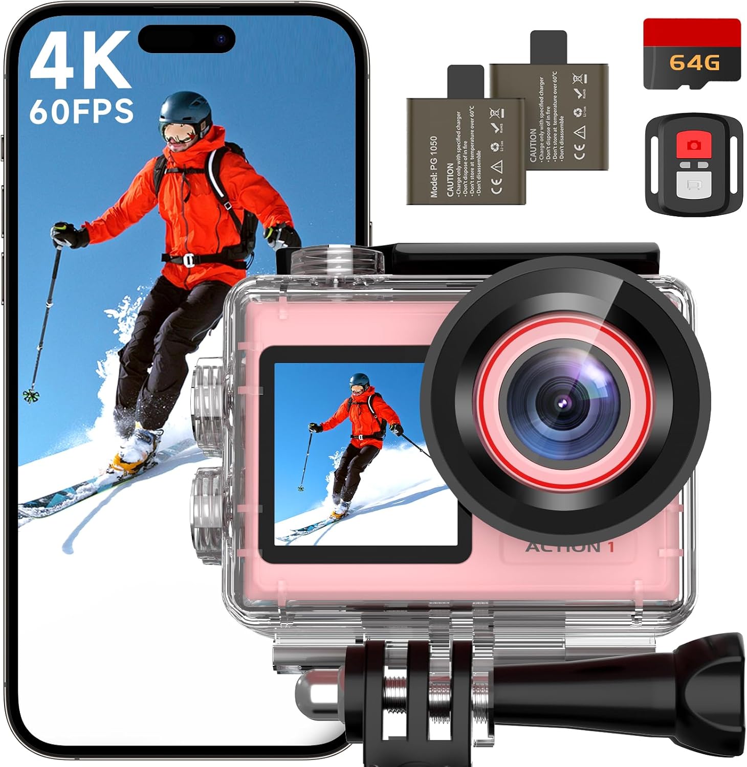 ODDV 4K60FPS 30MP Action Camera with Front LCD and Touch Rear Screens, Underwater Camera with 64GB Memory Card, 132FT Waterproof Camera, EIS, 5X Zoom, WiFi Remote Control (Rose Pink)