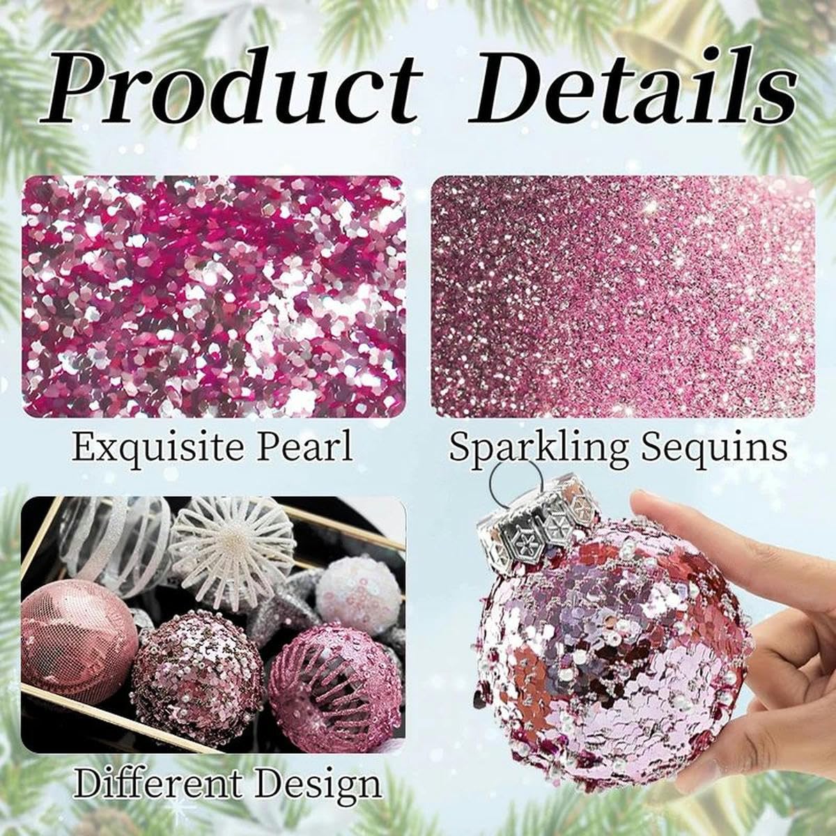 25/65 Bolas de Navidad Rosadas para decoración de árbol de Navidad, esferas pintadas, Adornos de Bolas Colgantes para el hogar, Vacaciones, 65 Piezas, 05 a 2.4 in