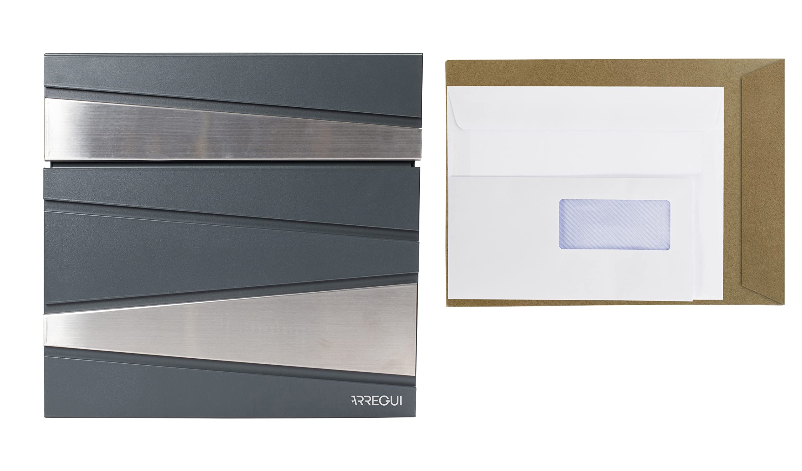 Arregui Armor E6905 Buzón Exterior de Acero con Portaperiódicos, Tamaño M (DIN A4), Buzón de Correo Moderno Gris con Tapa Protectora y Soporte para Periódicos, Montaje en Pared