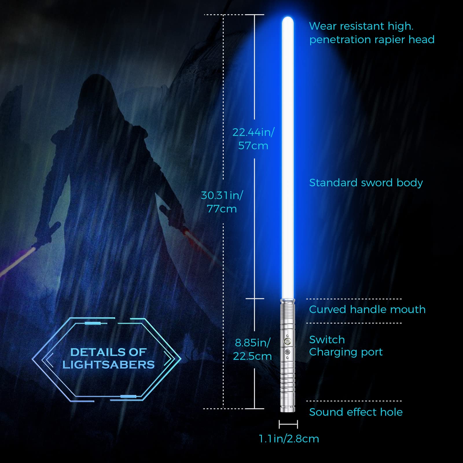 Sabre Laser RGB 7 Couleurs FX Sound Duel USB Rechargeable Métal Aluminium Argent Grip Cosplay