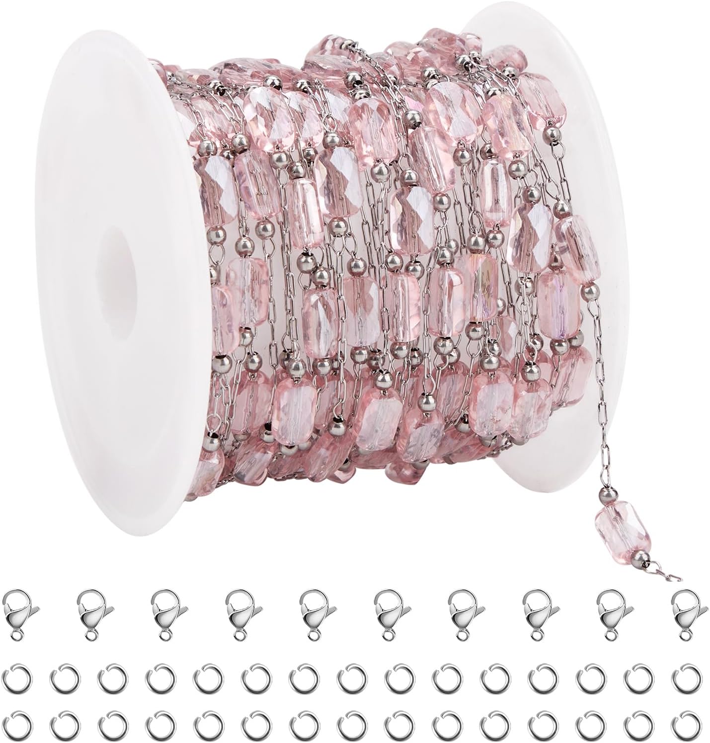 UMAOKANG 13 Feet Stainless Steel Chains for Jewelry Making Clear Pink Crystal Decorative Craft Chain Roll