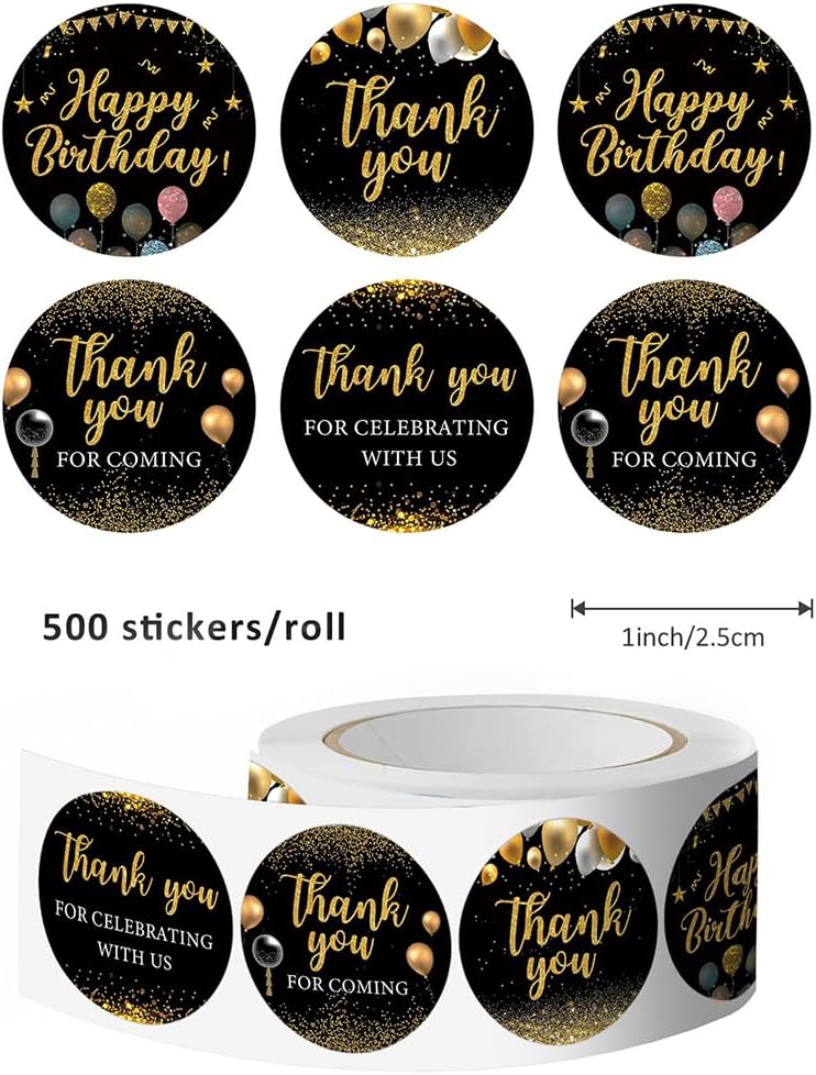 500Pcs Thank You Stickers 1in Black Round Adhesive Stickers Roll Thank You Label Tag Self-Adhesive Reward Waterproof Decals for Envelope Cards Bottle Gifts Decor