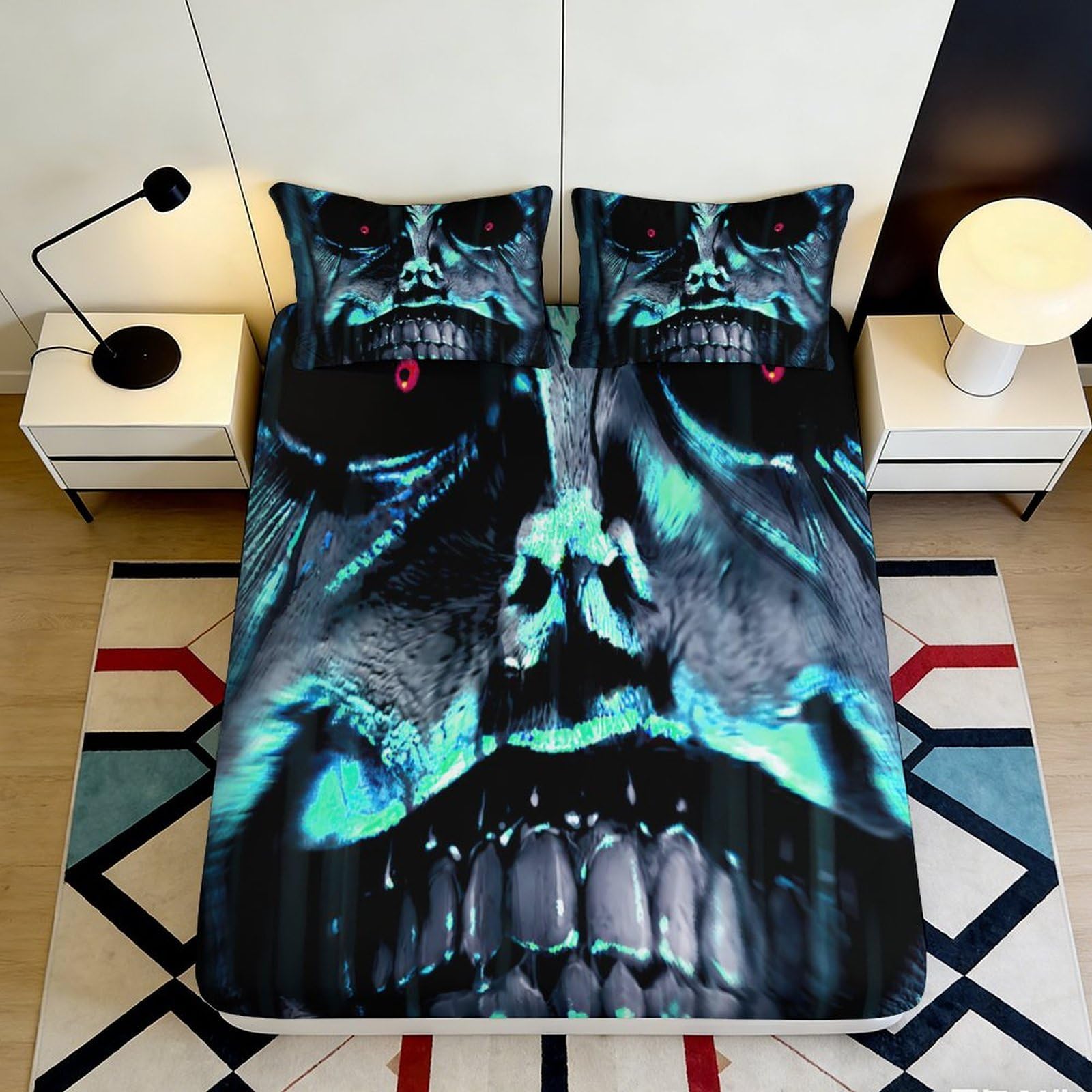 Uxinyoume Style-7 3D Printed Skull Art Fitted Sheet Microfiber Soft Breathable Horror Face Bed Cover For Bedroom Dorm Decor 90X200x25cm