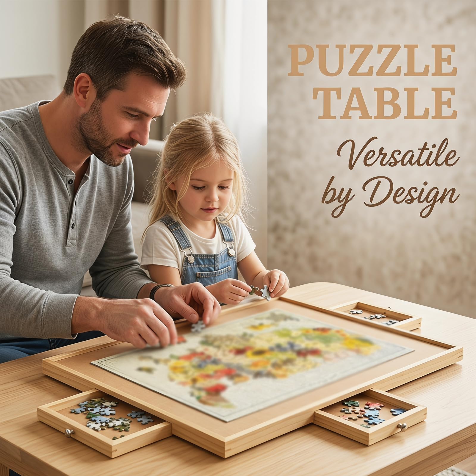 Tavola puzzle in legno con coperchio, tavolo puzzle girevole, tavole puzzle da tavolo e contenitore con 6 cassetti, superfici antiscivolo, risparmiare spazio, per compleanni, giochi, adulti e bambini