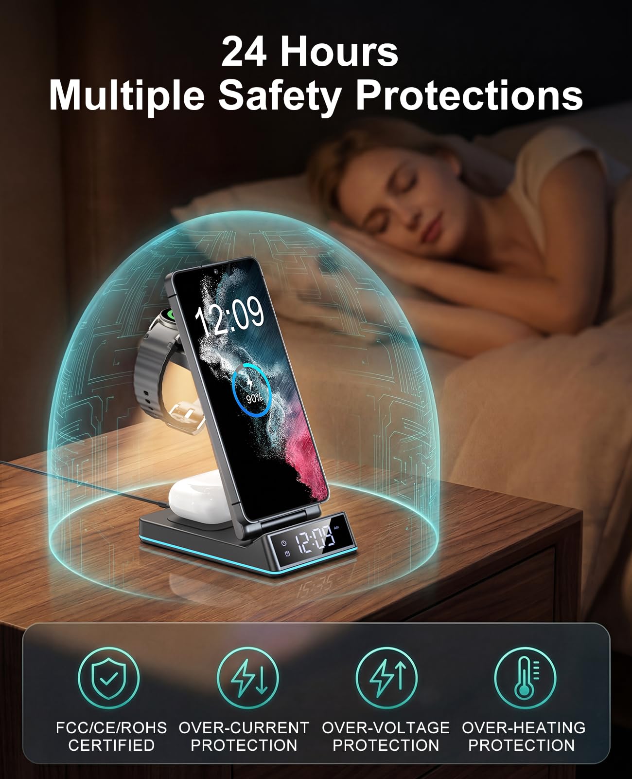 Cargador inalámbrico para Samsung, estación de carga inalámbrica 3 en 1, soporte plegable de carga rápida con luz nocturna/reloj despertador para Samsung Galaxy S25 Ultra/S24/S23/S22/S21/Galaxy Watch