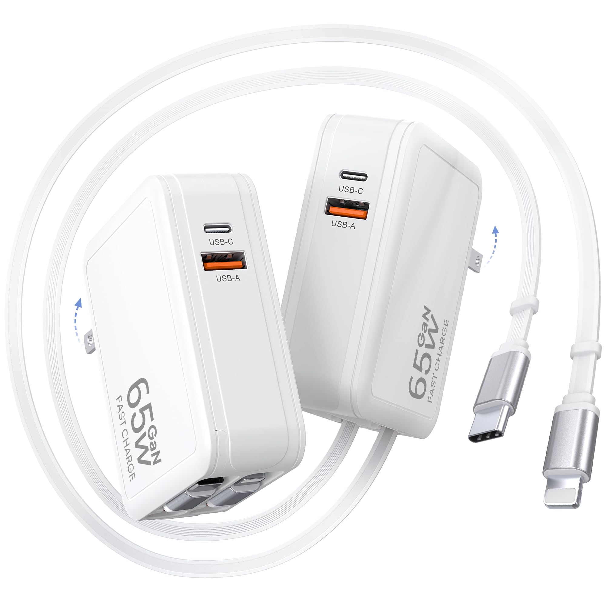 65W 急速充電器 iPhone 充電器 Type-C 巻き取り式 80cm【折…