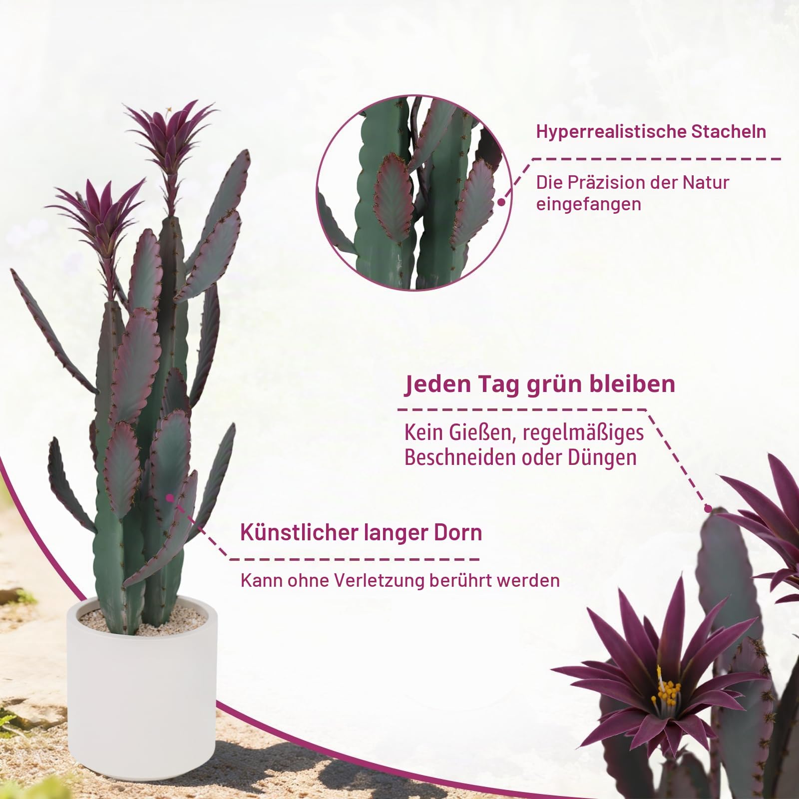 Künstlicher Saguaro Kaktus im Topf, Realistische Kunstpflanze Kaktus 96 x 22cm, Große Künstliche Sukkulente Pflegeleichte Pflanzen Deko mit Stein und Lila Blume für Zuhause, Garten, Büro