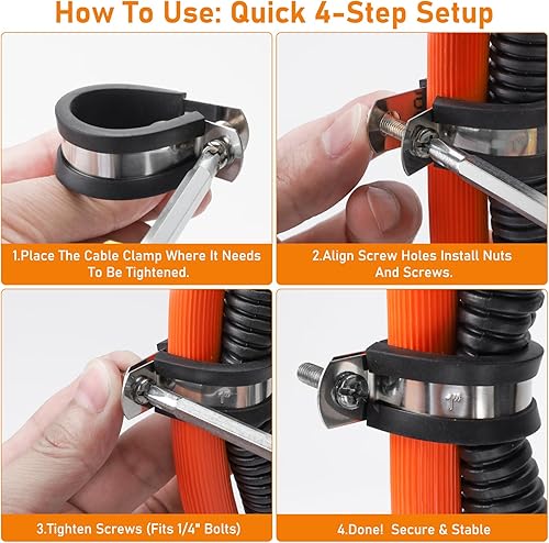 Miniatura 4 de Paquete de 18 abrazaderas de cable de 1-12 pulgadas, abrazaderas de cable de acero inoxidable 304, abrazadera aislada acolchada de goma, soporte de