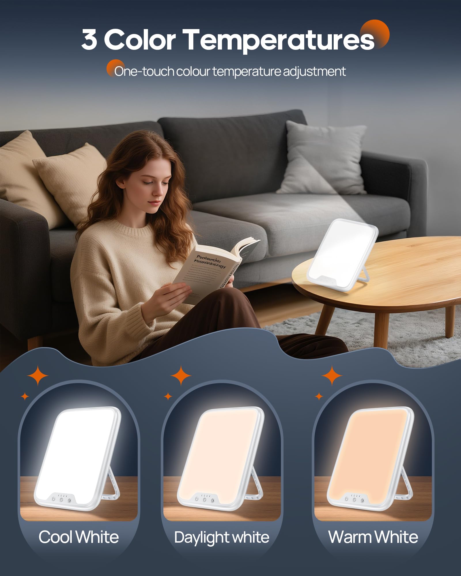AJVV Tageslichtlampe, 10000 Lux Lichttherapielampe für Depressionen, Sonnenlicht Lampe mit 3 Farbtemperaturen, Stufenlose Helligkeit, 4 Timer Einstellung, LED-Technologie Sunlight Lamp für Gute Laune