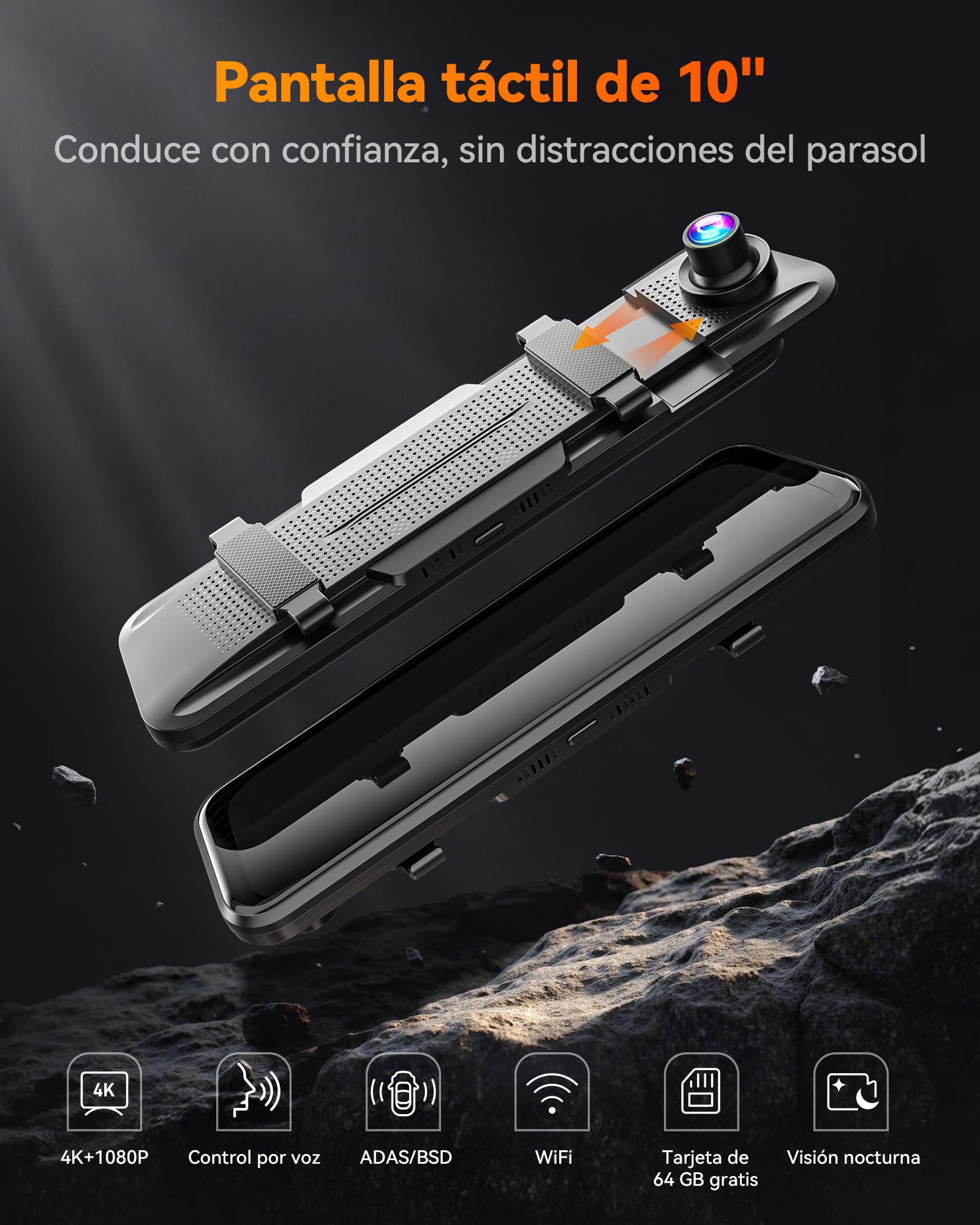 WOLFBOX M40 - Espejo de cámara trasera de 10 pulgadas, 4 K + 1080P, para cámara frontal y trasera, con cámara ADAS/BSD, control de voz, Wi-Fi integrado, tarjeta de 64 GB y GPS