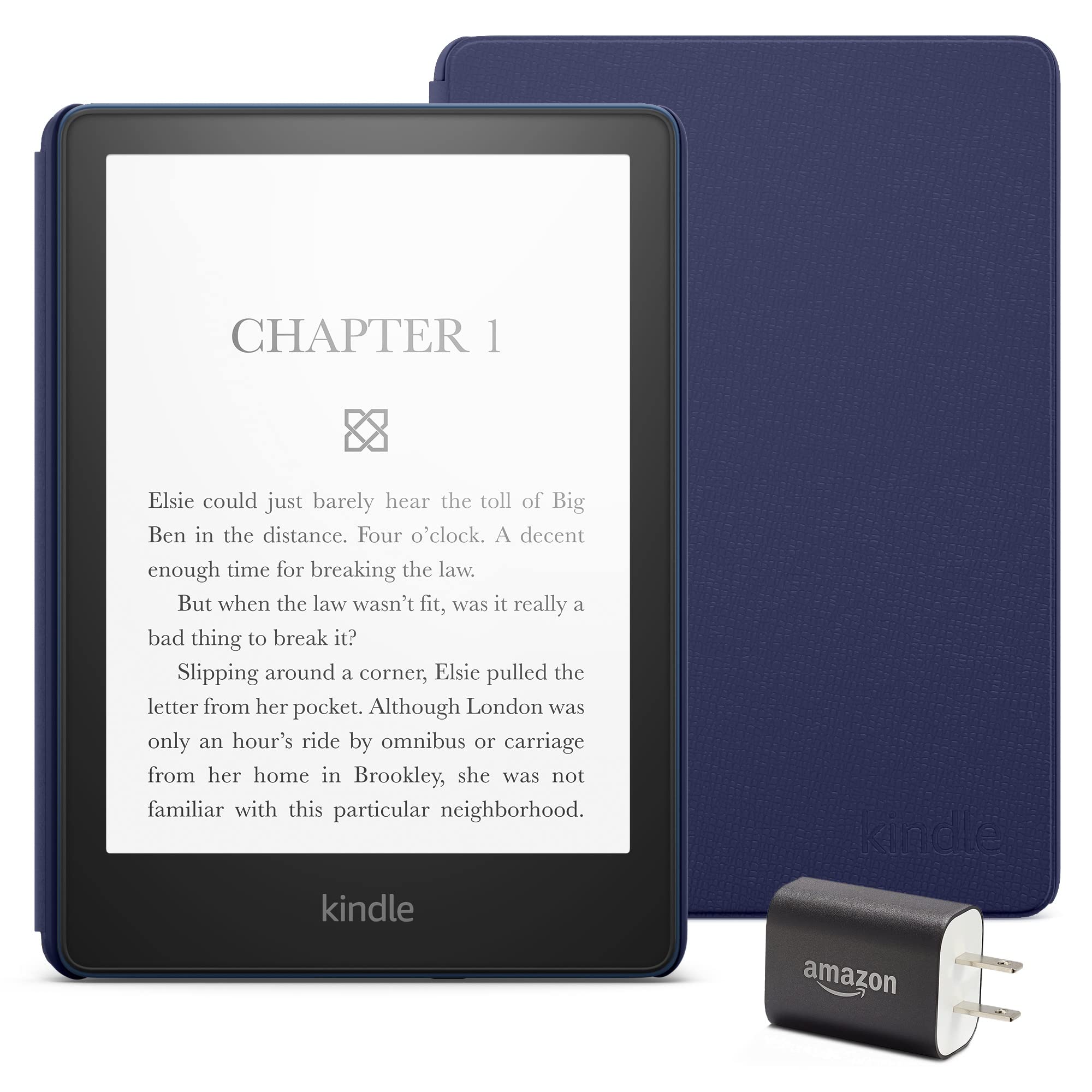 Kindle Paperwhite Essentials Bundle including Kindle Paperwhite (16 GB) - Denim - Without Lockscreen Ads, Leather Cover - Denim, and Power Adapter