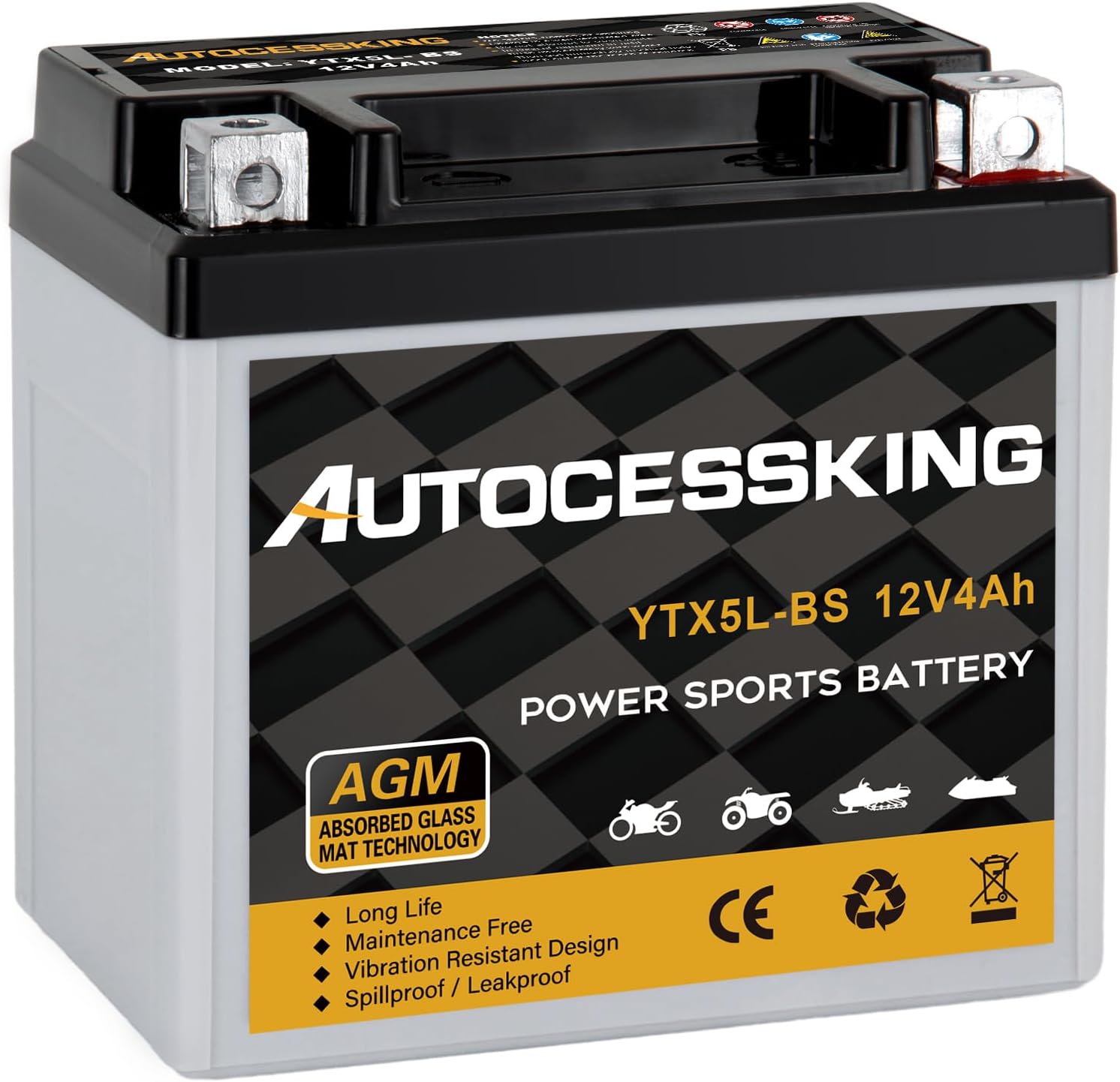 YTX5L-BS Motorcycle Battery, 12V 4Ah Rechargeable Maintenance Free Sealed AGM Battery Powersport Replacement Battery for ATV and Scooter